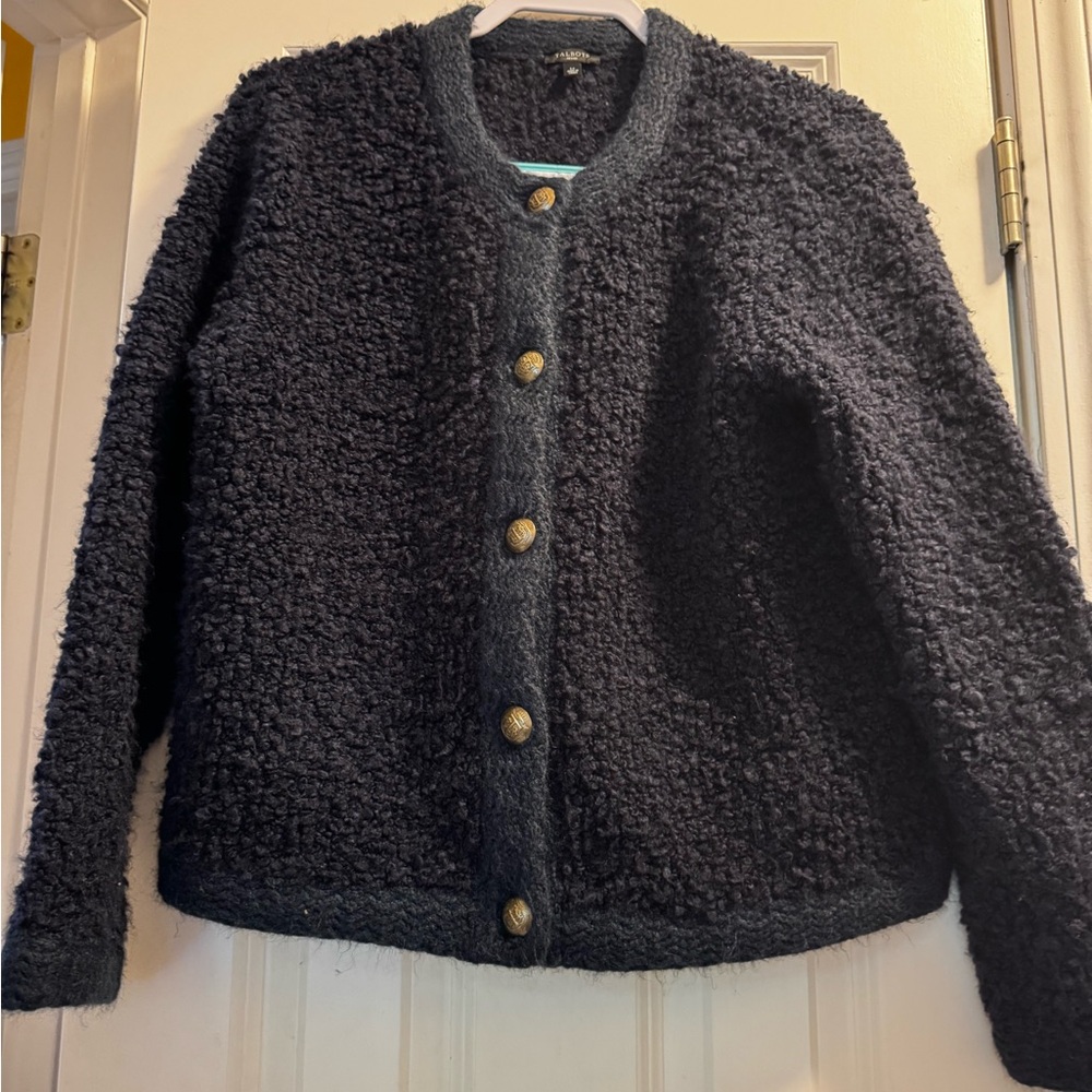 Talbots Black Bouclé Button-Front Cardigan Sweater